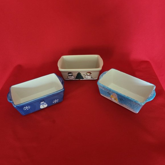 Mini Bread Loaf Pan Ceramic Stoneware Christmas Winter Snowman Snowflakes Set of - Picture 2 of 12